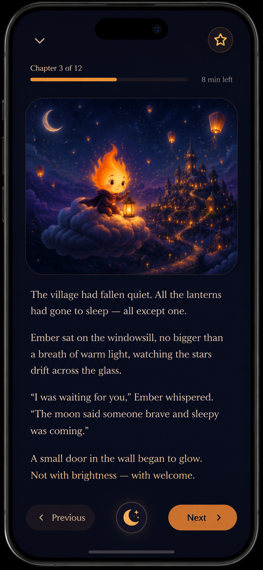 Tonight's chapter — Ember on a cloud above a lantern-lit village, opening a glowing storybook