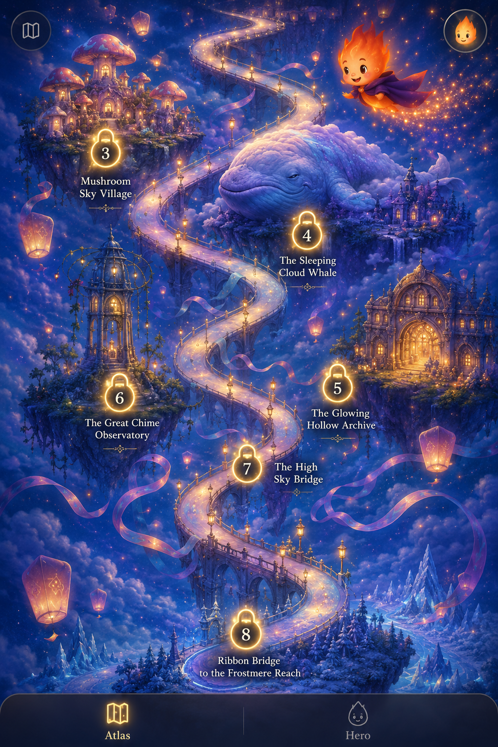 The Little Ember Stories living atlas — a lantern-lit map of floating villages and hidden trails