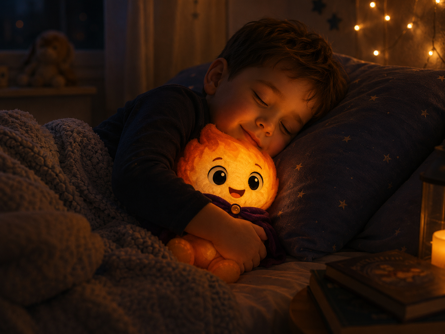 A child sleeping peacefully, cheek pressed to a glowing Ember plush companion in the warm light of a starry bedroom